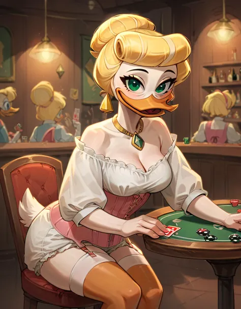 score_9, score_8_up, score_7_up, score_6_up,score_5_up,score_4_up,, 1girl,goldie ogilt, ducktales, beak, duck, green eyes, eyebrows, blonde hair, mature female, eye bags, eyelashes, scut tail, white skin, orange legs, cute, sexy,  hud_vtg_ling, pink corset...