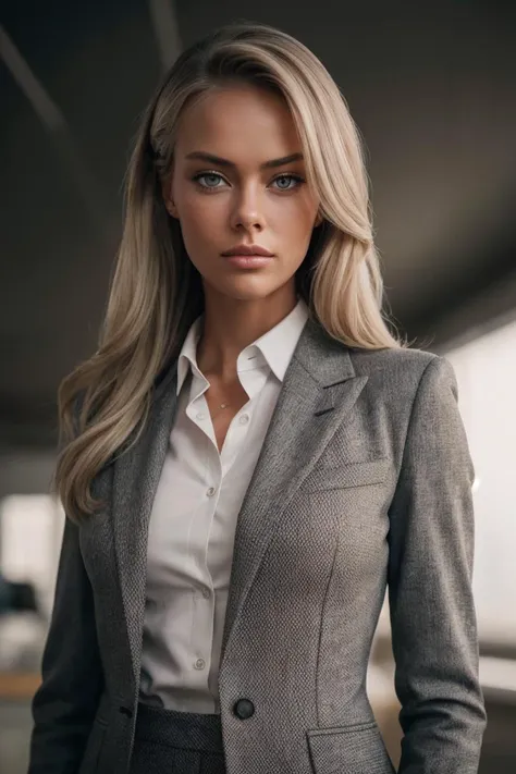 a woman in a suit and tie standing in a building