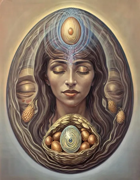 <lora:amsa:0.8>amsa, woman, harvest, egg shape, eyes closed, third eye open