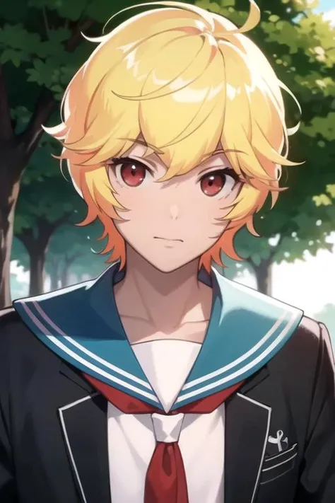 masterpiece, best quality, photorealistic, 1boy, solo, male focus, looking at viewer, , depth of field, <lora:yumoto_hakone:0.66>, yumoto_hakone, blonde hair, red eyes, sailor collar, bow, gloves, , , fairytale,