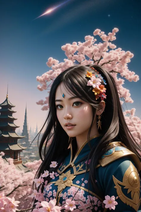 1girl, (colorful art by Fenghua Zhong:0.9) and (Albert Tucker:1.3) , abstract art, dark wall Graffiti, dense blossoms and garden, insane details, cinematic shot of a Serious Tropical ("Shattered":1.3) , simple CineColor background, Stars in the sky, horizo...