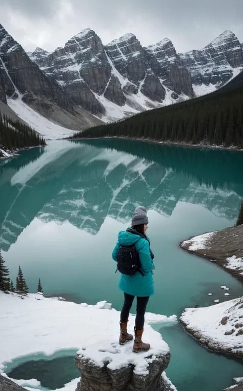 (style of [Jovana Rikalo|Lara Jade|Bella Kotak|Oleg Oprisco]:1.4), (Layered Depth, Parallax Effect, Soft focus foreground, Painted Scenery:1.3), [[[dynamic pose]]], frame-filling composition, solo-focus, (style of Ansel Adams), [pristine wilderness:Banff N...