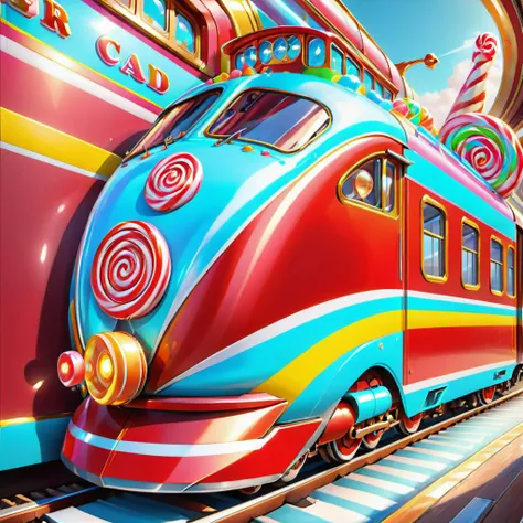 ((best quality)), ((masterpiece)), ((realistic,digital art)), (hyper detailed),Candy Land  Passenger Train, Articulated Wings, Side Mirrors with Turn Signals,    Nickel, Imposing, Faded Colors, , octane rendering, raytracing, volumetric lighting, Backlit,R...