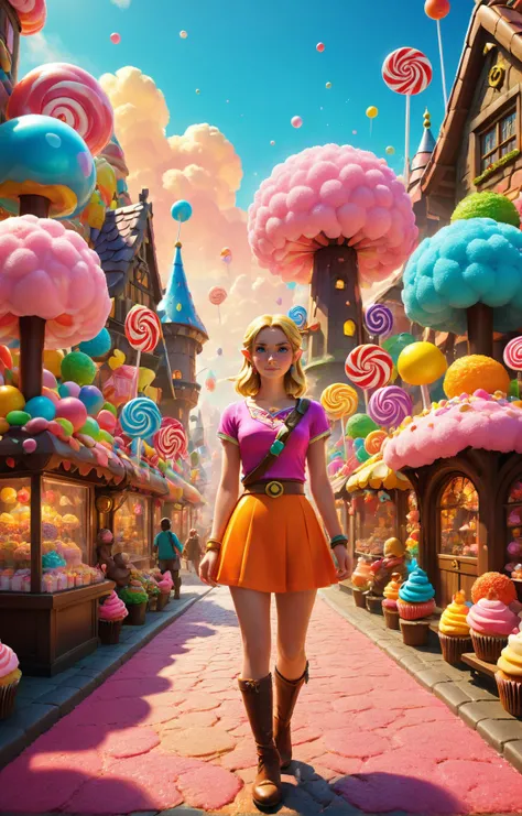 triadic colors, midriff, solo, Legend of Zelda style art of a painting BREAK beautiful Dutch woman with a shy smile walking down main street made of candy, lollipops, gumballs and cupcakes, pavement made of chocolate, buildings made of cotton candy, <lora:...