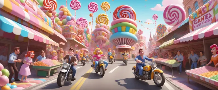 (<lora:Candy_land_2:0.3> img Candy Land style:1.3), [:(23-year-old Melodic Death Metal (anthropomorphic Quokka:1.4) wearing (Fairy Kei inspired outfit with pastel rainbow sweater):1.2):2], [(high-speed motorcycle chase through a crowded urban market weavin...