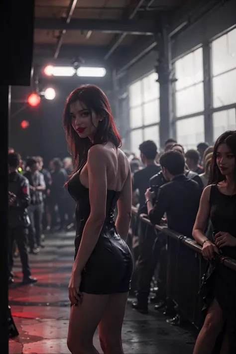 Photo of a sexy woman in an industrial nightclub, young, tall, skinny, sky-high stiletto heels, red lips, (evil woman:1.2), (poor quality photo:1.3), (blurry:1.4), smiling, best shadows, 8k, raw photo, crowd of people, UndergroundClub, flirting to the came...