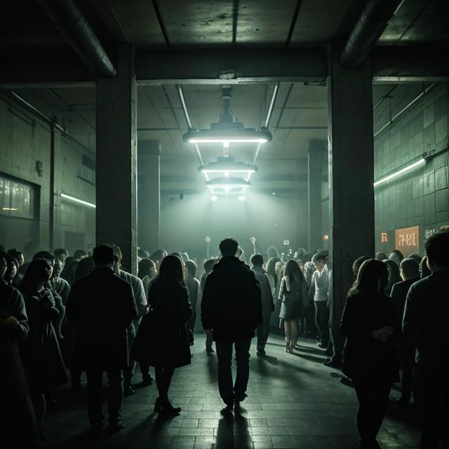 people standing in a dark room with a light shining on them