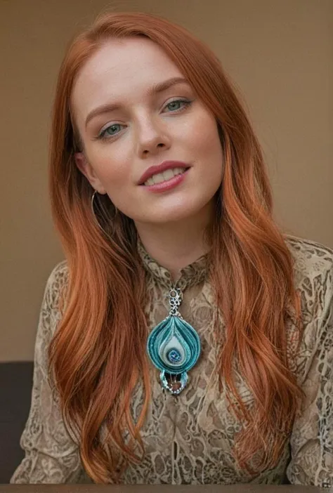 a close up of a woman with long red hair wearing a necklace