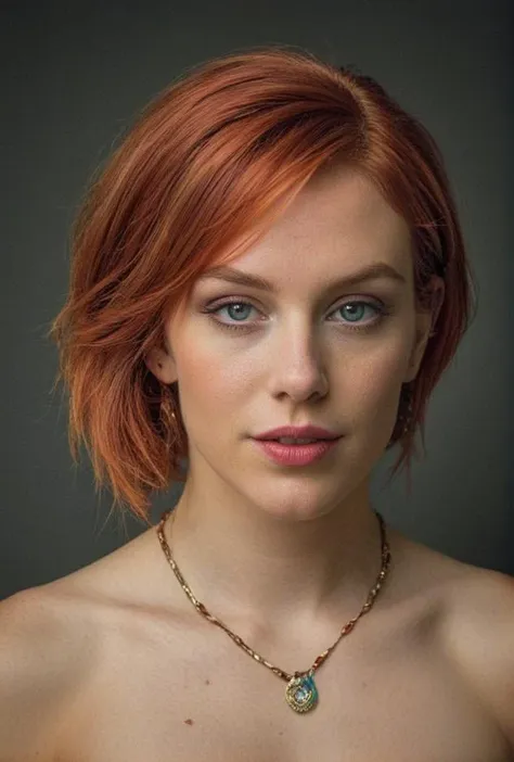 a close up of a woman with a necklace on her neck