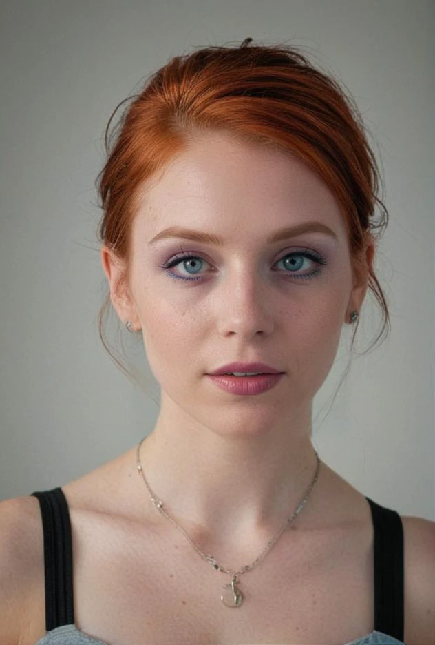 a close up of a woman with a necklace on her neck