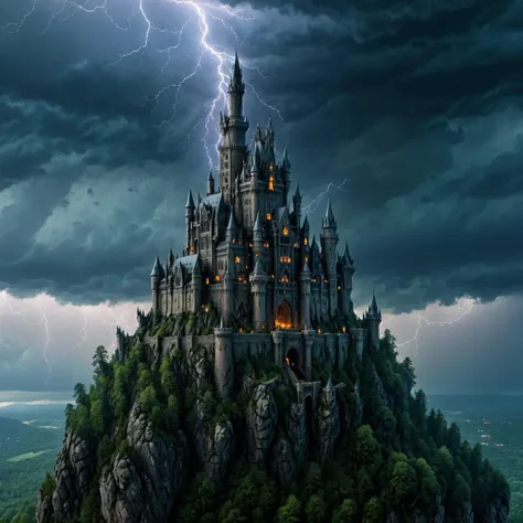 a large castle on a mountain with a lightning bolt coming out of it