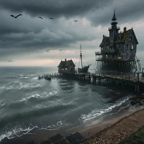 there is a pier with a house on it and birds flying around