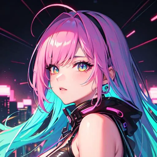 masterpiece, best quality, top quality, ultra-detailed, 1girl, solo, closeup portrait, neon hair, multicolored hair, sparkling eyes, colorful, neon light, futuristic, neon-lit city background, bedroom, bed, professional illustration, animation, official ar...