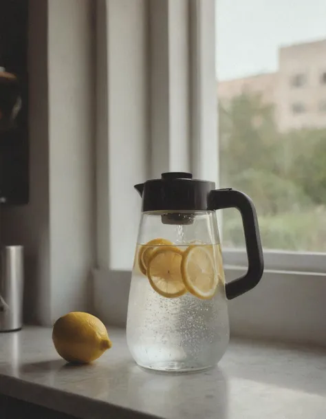 there is a pitcher of water with lemons on a counter