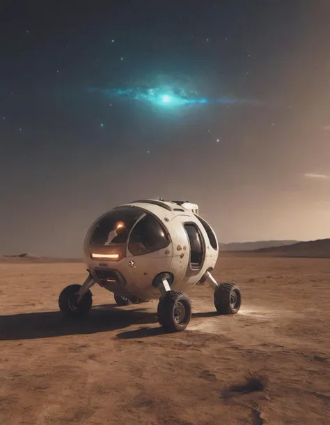 a futuristic space vehicle on a desert surface with a bright light shining on it