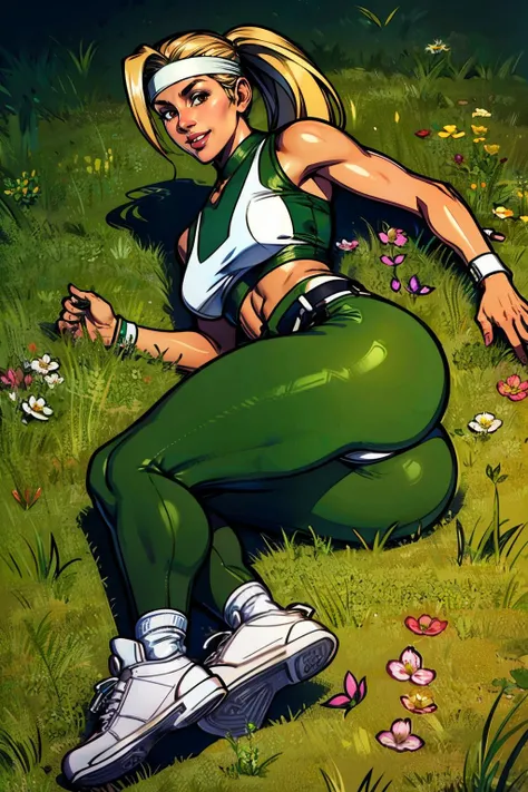 sonya, blonde hair, ponytail, brown eyes, toned,headband, green and white crop top, green and white pantyhose, belt, white shoes, looking at viewer,seductive smile, lying, on side, ass focus, hand on hip, outside, grass, flowers, high quality, masterpiece,...