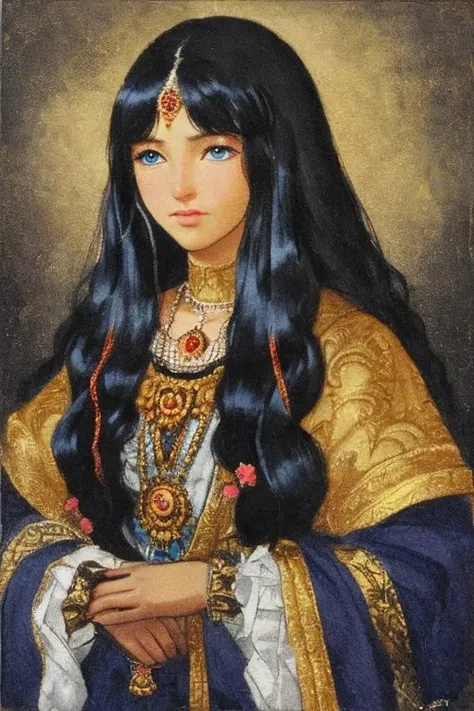 dark skin, noble lady, chubby, long hair, black hair blue eyes