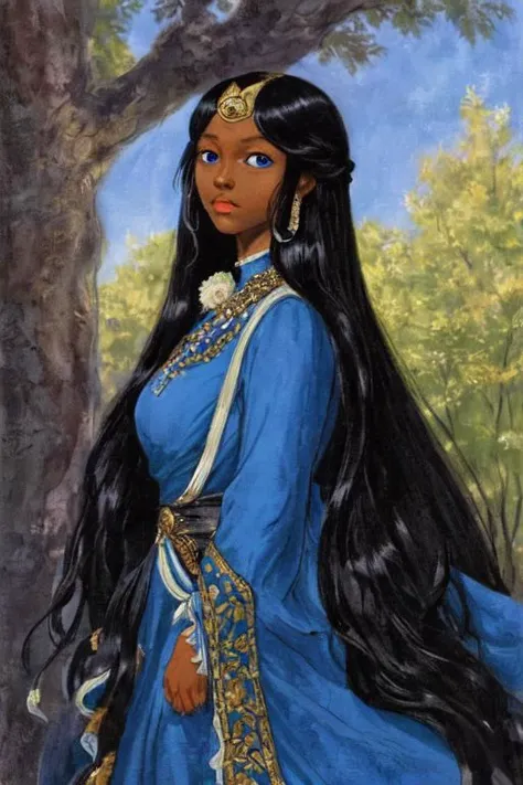 dark skin, noble lady, chubby, long hair, black hair. blue eyes