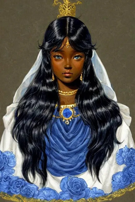 dark skin, noble lady, chubby, long hair, black hair blue eyes