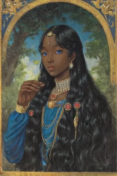 dark skin, noble lady, chubby, long hair, black hair. blue eyes