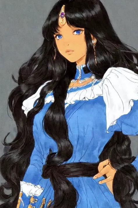 dark skin, noble lady, chubby, long hair, black hair. blue eyes