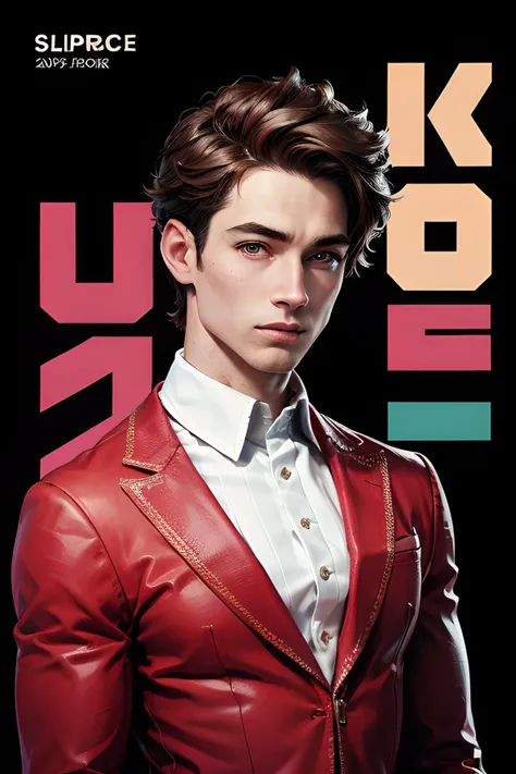 (masterpiece, best quality:1.3), english text, cover, simple background, 1male, mature male, upper body, fashion style hair, pink costume, fashion, detailed face, detailed illustration  <lora:text cover-v1.3:0.7>