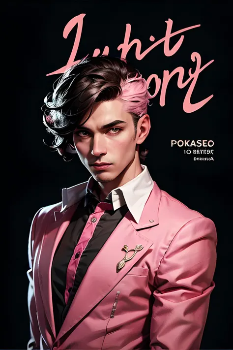 (masterpiece, best quality:1.3), english text, cover, simple background, 1male, mature male, upper body, fashion style hair, pink costume, fashion, detailed face, detailed illustration  <lora:text cover-v1.3:0.7>