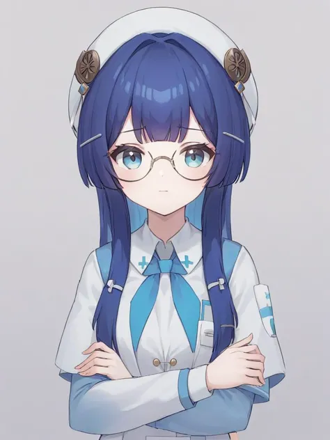 glasses,peila girl,blue hair,blue eyes,Beret,<lora:xl_peila girl-000006:0.8>,nurse