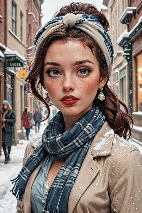 by james jean and norman rockwell, (realistic pin up illustration: 1.4), (hdr: 1.21), 4k, masterpiece, (high quality: 1.2), (detailed face: 1.2), (detailed eyes: 1.3),Ultra Realistic, Jasmine, elegant, adjusting hair, classy scottish scarf, flirty, walkin...