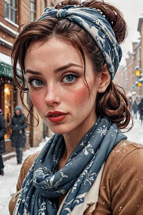by james jean and norman rockwell, (realistic pin up illustration: 1.4), (hdr: 1.21), 4k, masterpiece, (high quality: 1.2), (detailed face: 1.2), (detailed eyes: 1.3),Ultra Realistic, Jasmine, elegant, adjusting hair, classy scottish scarf, flirty, walkin...