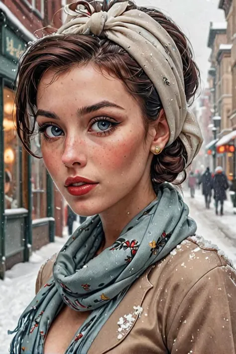 by james jean and norman rockwell, (realistic pin up illustration: 1.4), (hdr: 1.21), 4k, masterpiece, (high quality: 1.2), (detailed face: 1.2), (detailed eyes: 1.3),Ultra Realistic, Jasmine, elegant, adjusting hair, classy scottish scarf, flirty, walkin...