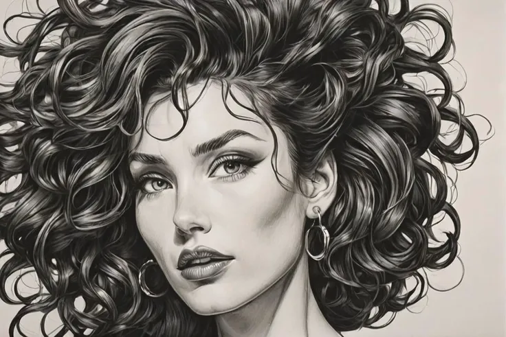 a drawing of a woman with curly hair and earrings