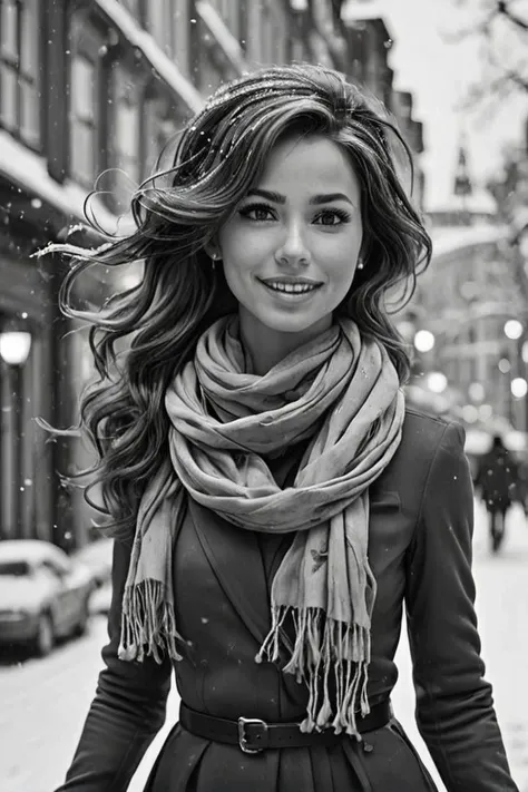 arafed woman walking down a snowy street in a black and white photo