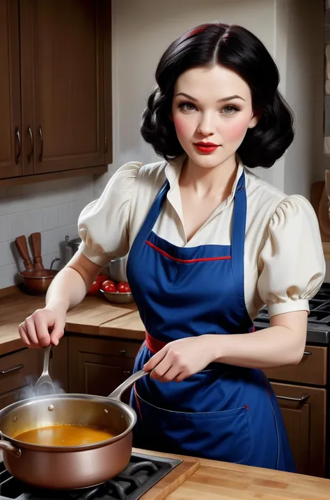 woman in blue apron cooking in kitchen with wooden counter top