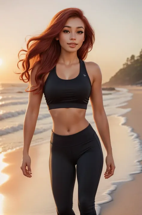 Ultra Realistic,Ariel, wearing yoga pants, wearing a gym top, walking on the beach, golden hour, relaxed, elegant,      <lora:Cine Princesses:1>  <lora:EnvyEleganceXL01:1>