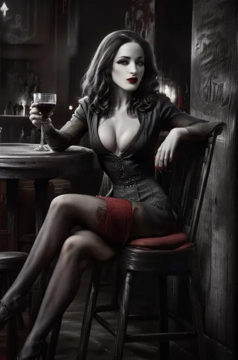 Elegant Snowwhite  with red lips, dramatic makeup, sitting on a stool in a bar, 1930s speakeasy, holding a glass of red wine, mad-sincity, noir, B&W, volumetric smoke in the background,  glam , ultra detailed, ultra realistic, ,  <lora:French_girls_more_cl...