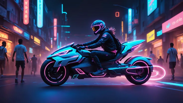 A lone figure races through the streets on a sleek hoverbike, leaving a trail of neon light in their wake, TshirtDesignAF,, neon pastel, PENeonUV, sharp focus, beautiful face, 4k, trending on ArtStation, concept art, matte <lora:TShirtDesignRedmondV2-Tshir...