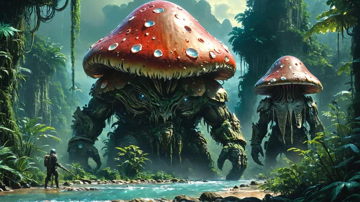 there are two giant mushrooms standing in the middle of a forest