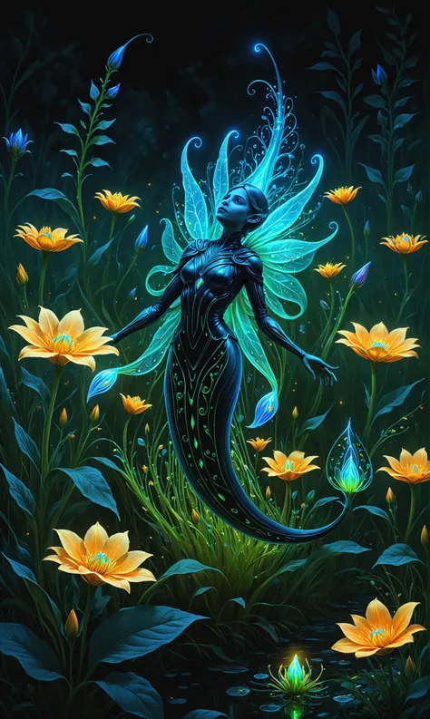 Invisible energy leech draining life forces in Bioluminescent flowers in elven meadow, ultra-fine digital painting, <lora:xl_more_art-full_v1:0.3>, <lora:PE_NeonUV Style:0.7> PENeonUV