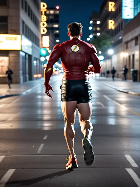 <lora:btty:0.75> The Flash wearing (btty:1.3), running away from viewer, downtown street, action shot, motion blur, raw photo, 8k, big ass, (bare legs, exposed legs:1.5), view from behind, sharp focus, dark lighting