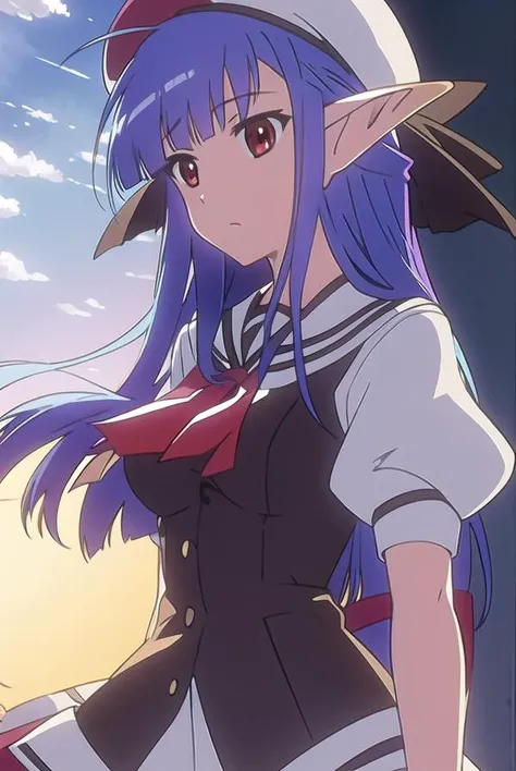 shufflenerine, <lyco:nerine-LYCORIStest:1>,
nerine, long hair, blue hair, pointy ears, (red eyes:1.5),
BREAK skirt, hat, school uniform, short sleeves, socks, puffy sleeves, puffy short sleeves, beret,
BREAK looking at viewer,
BREAK indoors, classroom, 
BR...