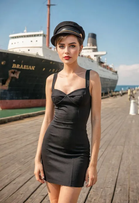 arafed woman in a black dress and hat standing on a dock