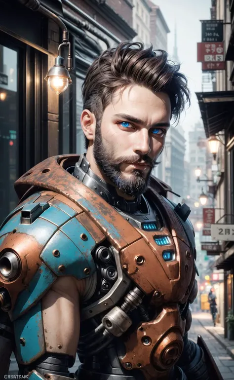 Portrait photo of muscular bearded guy in a worn mech suit, ((light bokeh)), intricate, (steel metal [rust]), elegant, sharp focus, photo by greg rutkowski, soft lighting, vibrant colors, (masterpiece), ((streets)), (detailed face:1.2), (glowing blue eyes:...