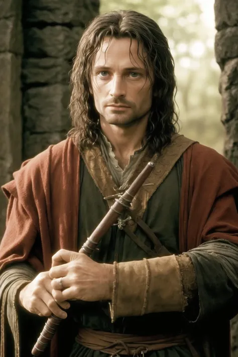 photo of the warrior Aragorn from Lord of the Rings, film grain