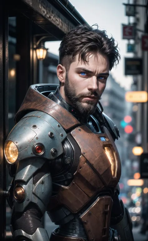 Portrait photo of muscular bearded guy in a worn mech suit, ((light bokeh)), intricate, (steel metal [rust]), elegant, sharp focus, photo by greg rutkowski, soft lighting, vibrant colors, (masterpiece), ((streets)), (detailed face:1.2), (glowing blue eyes:...