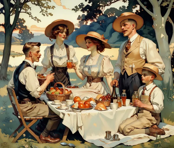 1912s, a family picnic in the countryside, style by Joseph Christian Leyendecker, <lora:EldritchRomanceIllustration_0.9.1:1>