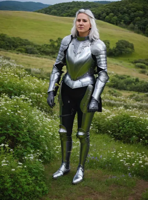 a close up of a woman in a silver suit standing in a field