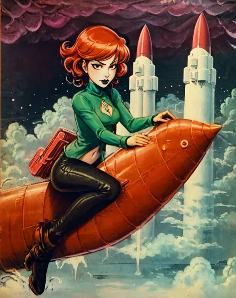 1girl, short curly red hair, pale skin, goth, black lips, medium breasts, beautiful face, riding a space rocket, oversized pants, navel, petite, punk, large thighs, acrylic, vibrant, illustration, dynamic angle, 
(flat color, cel shaded) art by Rumiko Taka...