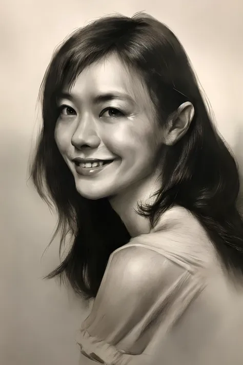 best quality, masterpiece, (realism: 1.3), 20 years old female, 1 girl, female focus, black hair, (natural skin texture, surreal, sharp), solo, (upper body: 1.2), smiling, bare shoulders , long hair, sketch, line, pencil drawing, traditional media, graphit...