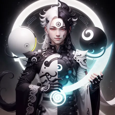 <lora:YinYangTech-20:0.8>,yinyangtech ,  scifi, yin yang, 
, scholar , scroll, 1boy,long hair, pale skin, glowing eyes, smile ,closed mouth, white hair, multicolored hair,black hair,